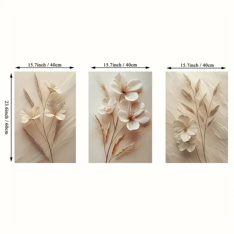 3-Piece Set of Modern Beige Plant Canvas Wall Art Prints, Frameless Poster for Living Room Decor, Indoor Portrait Orientation, O