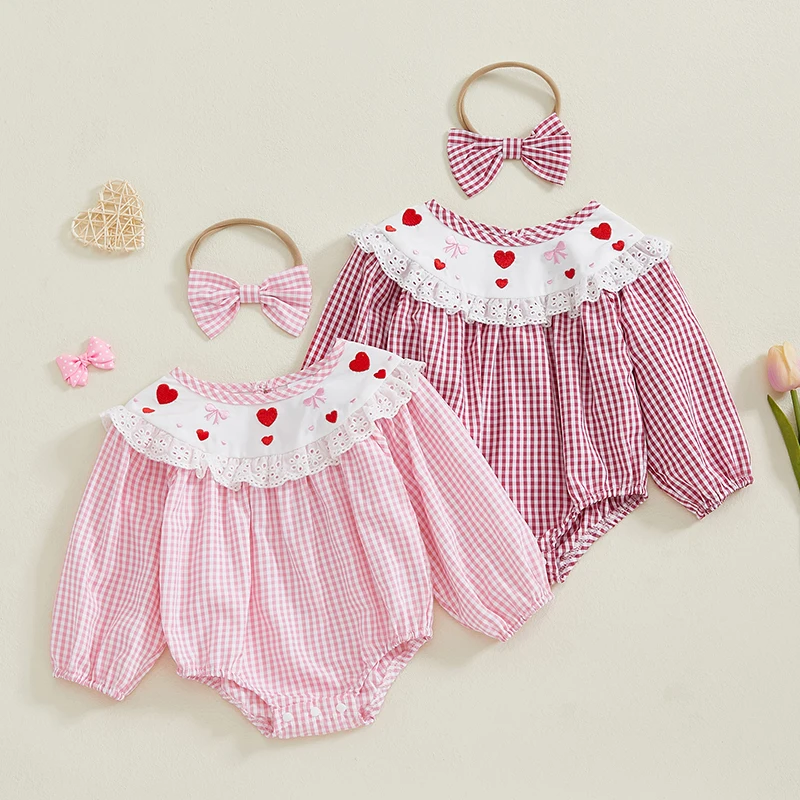 Newborn Baby Girl Valentines Day Outfit Heart Bow Embroidered Plaid Puff Long Sleeve Smocked Bubble Romper Bodysuit