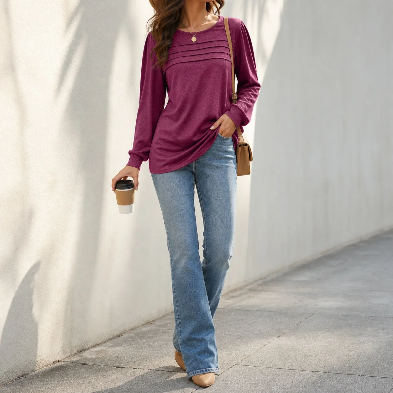 Pleated Round Neck Top H Silhouette Streetwear with Long Sleeve Casual Midi Length Pullover American and European Style T Shirts