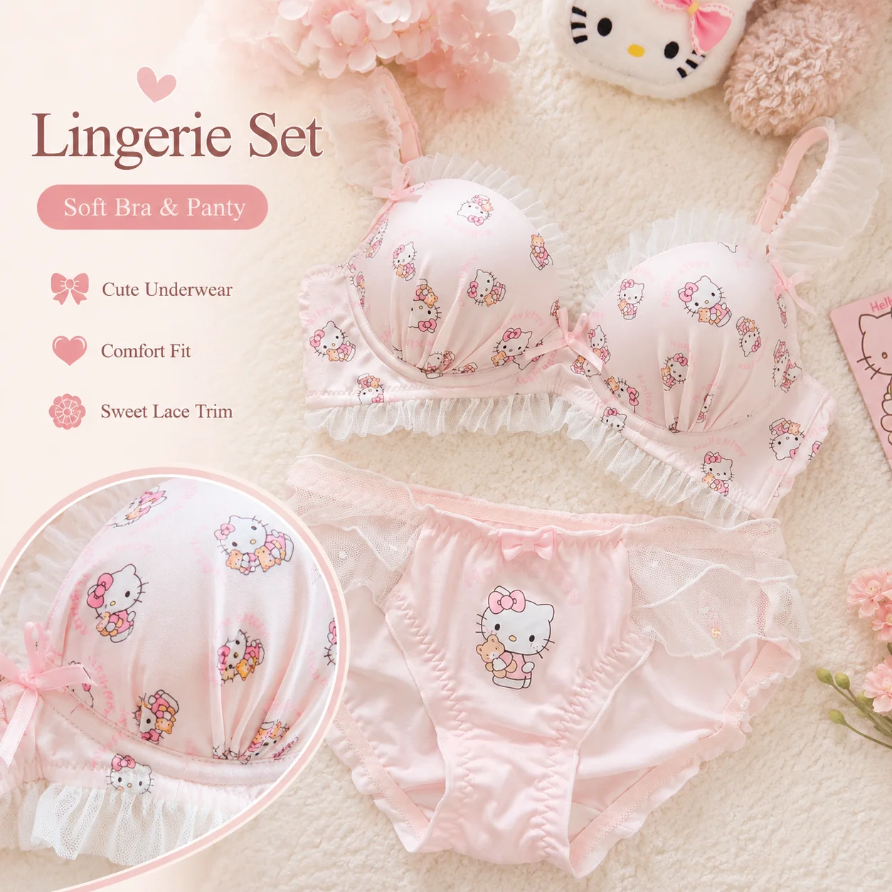 Hello Kitty Sanrio Cute Lace Bra Set Sweet Bow Wireless Underwear Comfortable Skin-friendly Lingerie Set for Women - view 3