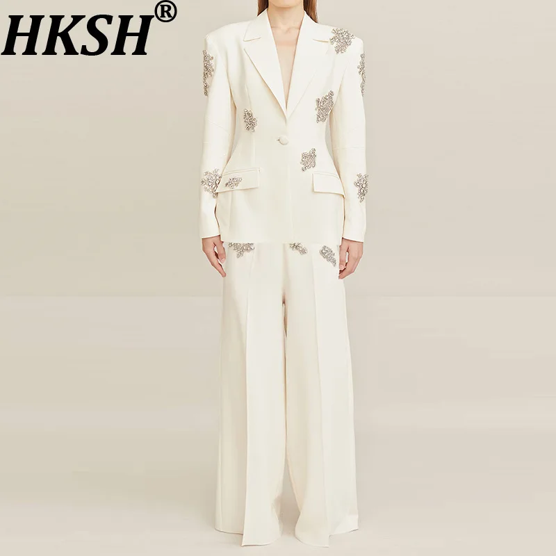 

HKSH весенне-осенний новый женский комплект из двух предметов с шипами и бриллиантами, модный пиджак на одной пуговице, широкие брюки, элегантная мода HK16009