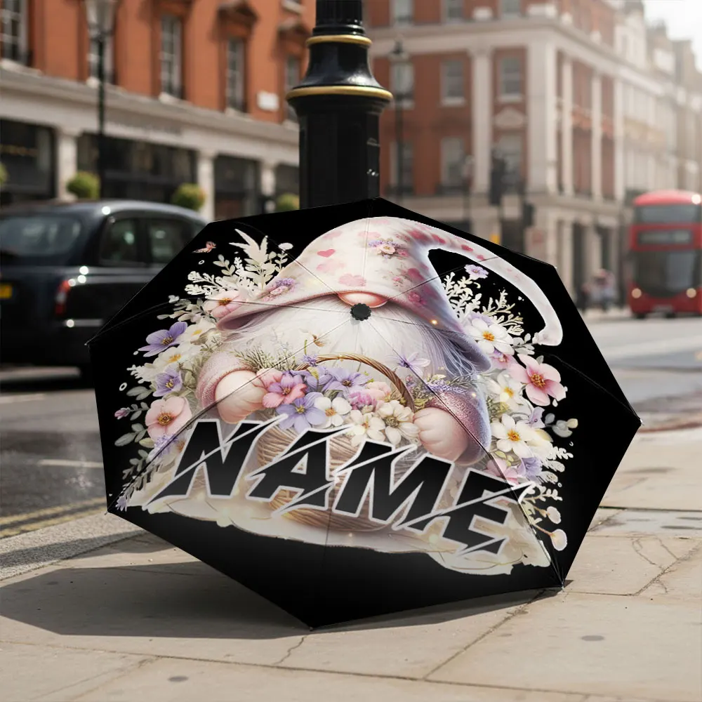 Custom Name Umbrella Floral Gnome Surrounded By Wild Flowers Print Folding Travel Parasol Cute Whimsical Garden Style Gift