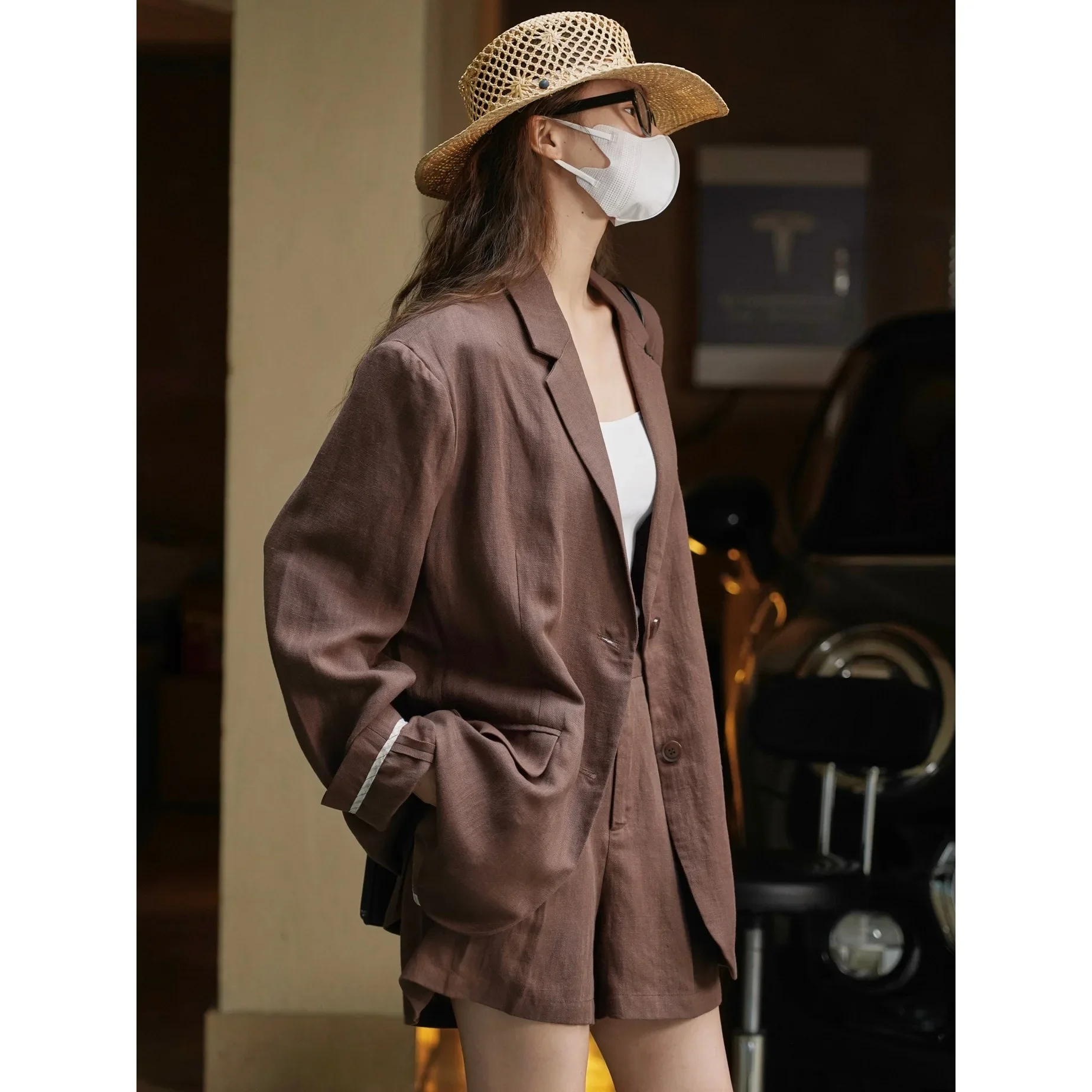 Summer New Korean Version Of Retro Old Money Fengtencel Linen Suit Loose Silhouette Thin Sunscreen Jacket Women