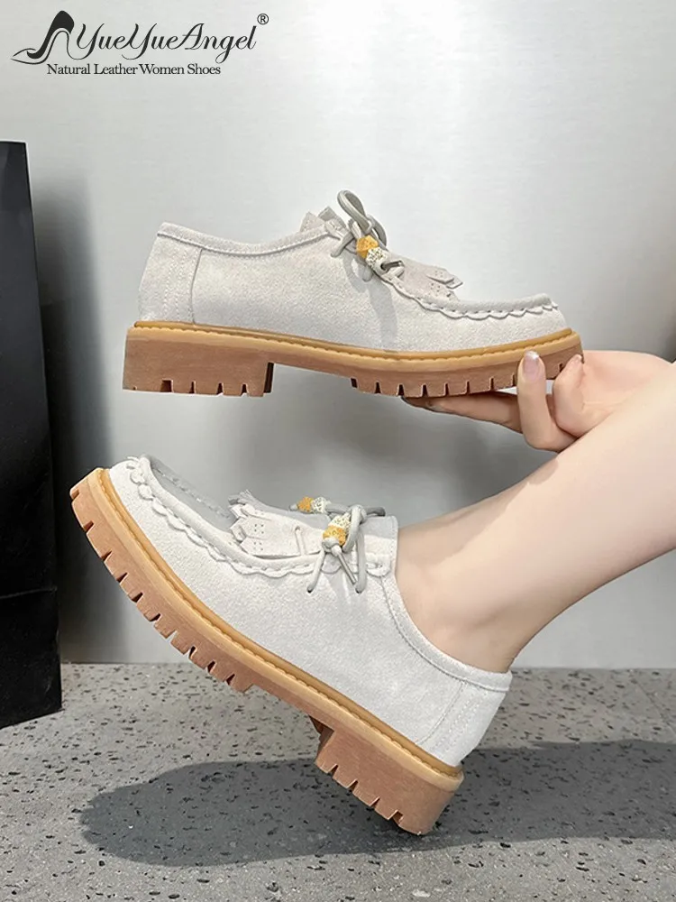 

Women Real Cow Suede Leather Shoes Tassel Thick Platform Block Heels Shoes Lace Up Low Cut Office Ladies Comfortable Work Pumps