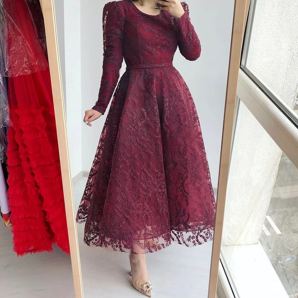 

Classic A-line Scoop Evening Dresses Long Sleeve Lace Sashes Tea Length Pleats Appliques Burgundy Vestido De Noche Saudi Arabia