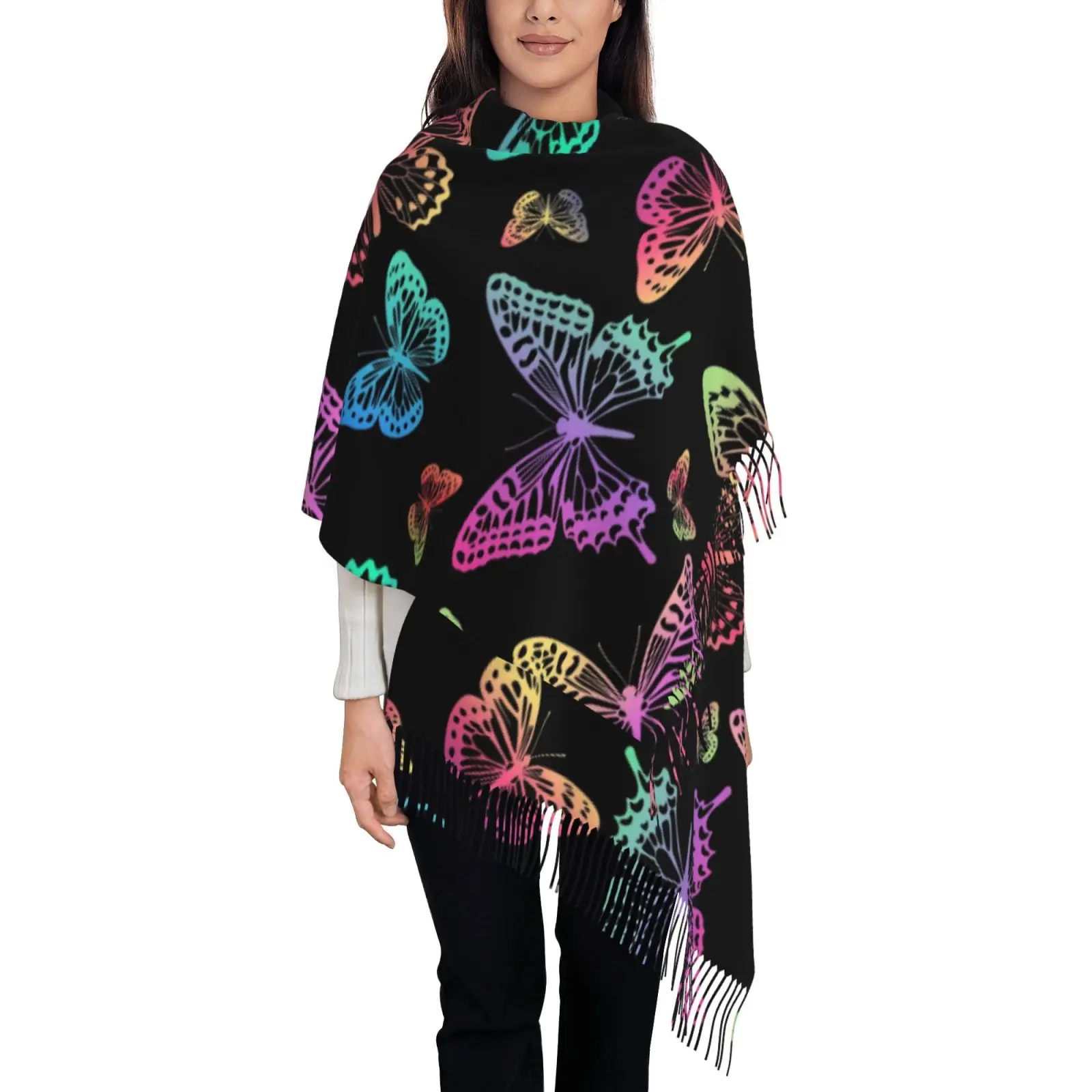 Women Colorful Rainbow Butterfly Print Shawl Scarf, Black Base Tassel Large Wrap, Soft Fashion Ladies Evening Cape Scarves
