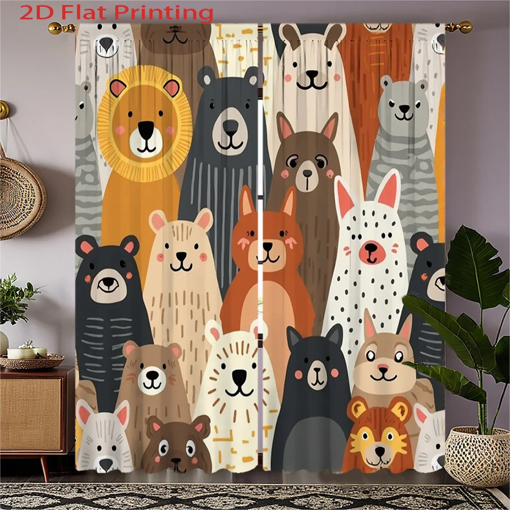Cute Animal Curtains 2pcs – Cartoon Lions, Bears & Rabbits Forest Print, Kids Room Decor for Nursery and Children's Bedroom
