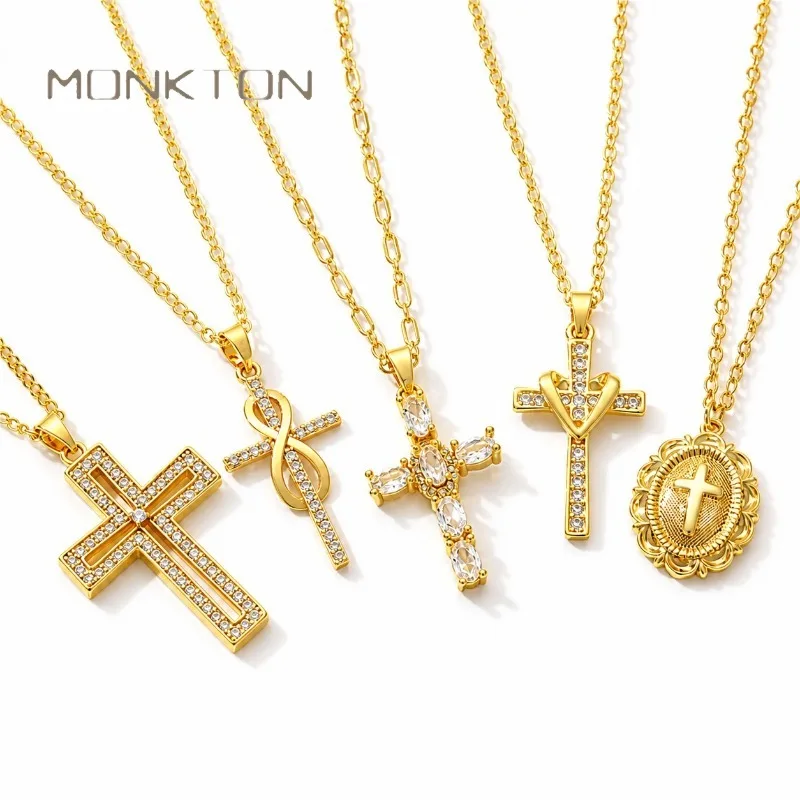 Monkton Gold Plated CZ Cross Pendant Necklace for Women, Vintage Rhinestone Faith Cross Charm Necklaces Dainty Jewelry Gift