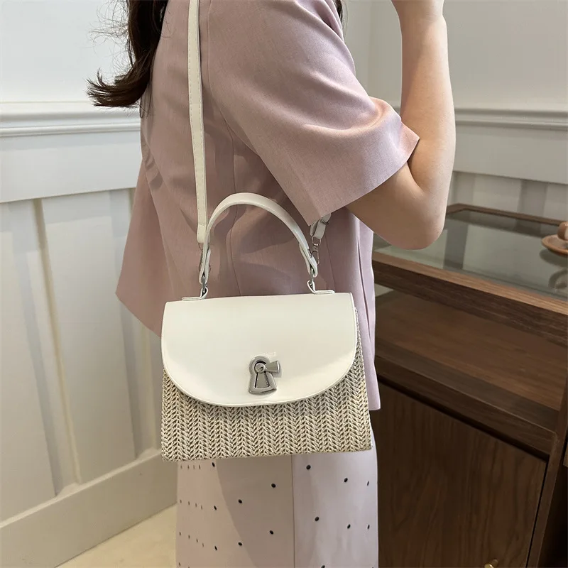 

New Woven Splicing Fashionable Personalized Lock Buckle 2024 Women's Single Shoulder Hand-held Small Bag