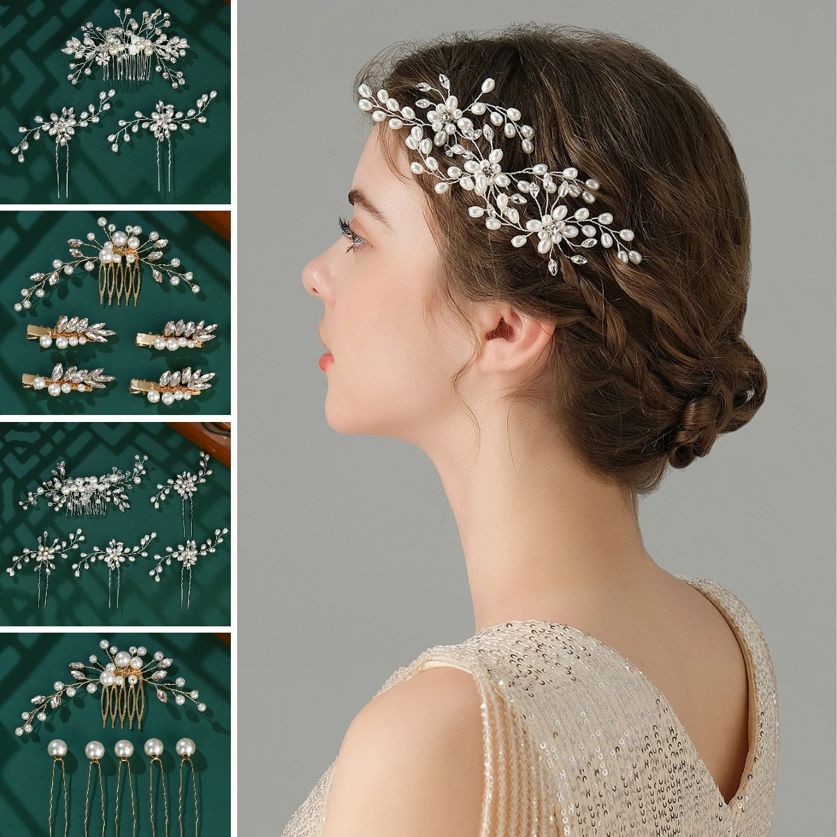 

Palace Vintage Alloy Flower Pearl Hair Comb Set Luxury Rhinestone Hairpin Bridal Wedding Dress Plate Hair Accessories
