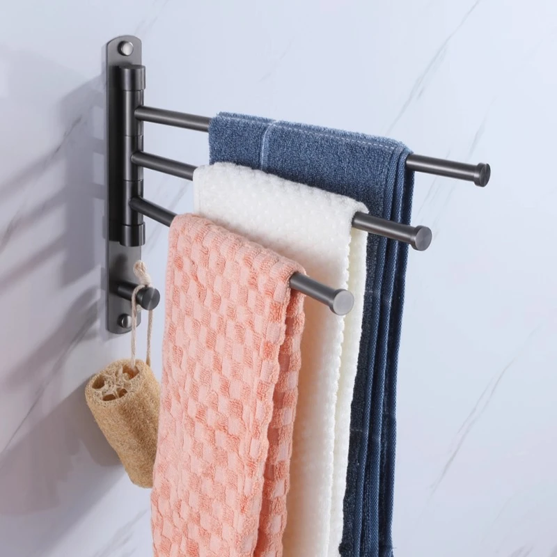 

‌360° Swivel Towel Rack, Foldable Space-Saving Holder for Bathroom, No Drill Wall-Mounted Organizer with Adjustable Arms