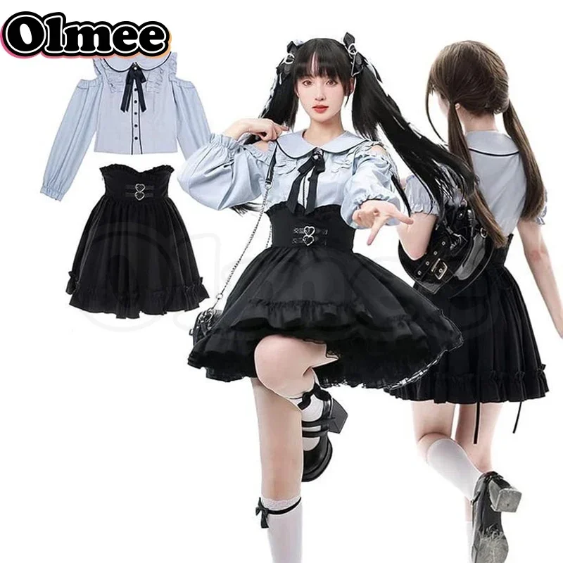 [Olmee] Blue Mizuiro Jirai Kei Long Shirt Skirt Dress Japanese Basic Lolita Mine Style Graduation Cosplay Costume Kawaii y2k