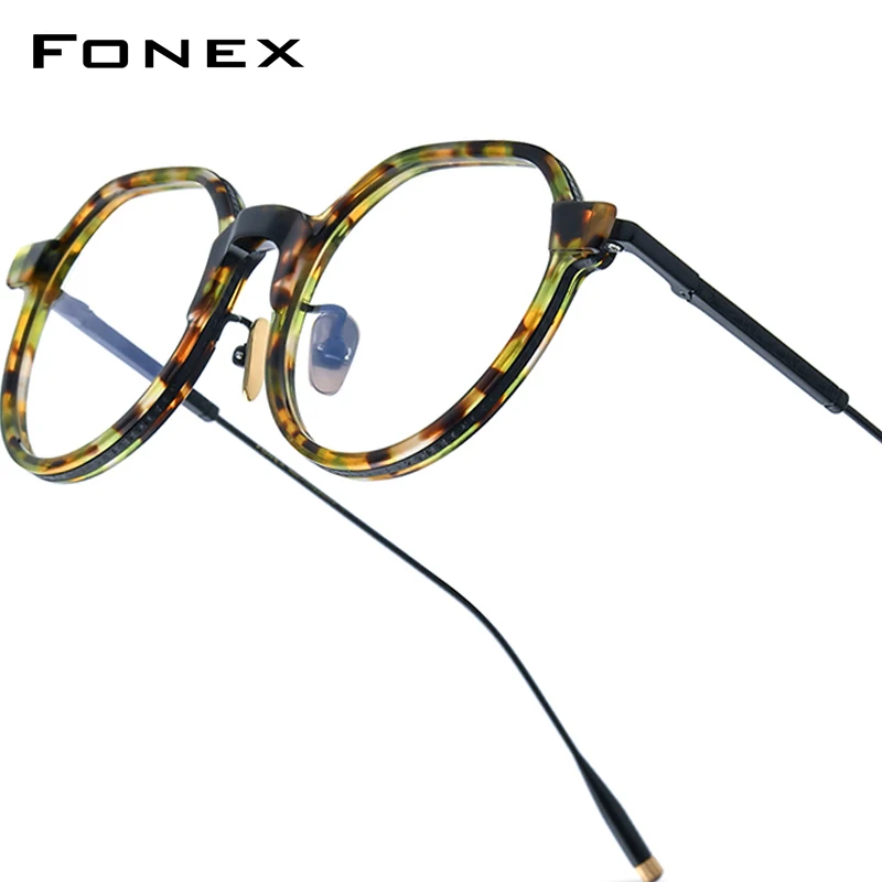 FONEX Acetate Titanium Glasses Frame Women New Brand Design Vintage Round Eyeglasses Men Retro Japanese Spectacles Eyewear LILAC