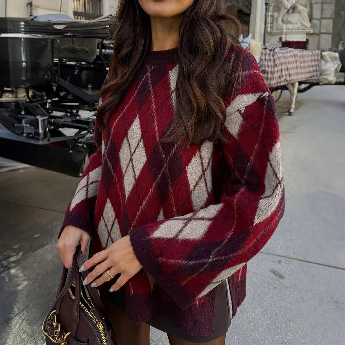 NOWA bluza damska z dzianiny w bloki kolorów na jesień i zimę 2026, z długim rękawem, codzienna bluza wkładana przez głowę, kolorowa, swobodna odzież domowa.