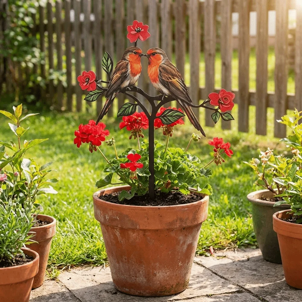 2D Flat Red Bird Garden Stake Handmade Animals Pattern Metal Garden Stake Funny Iron Flower Branch Ground Plug Garden Decoration