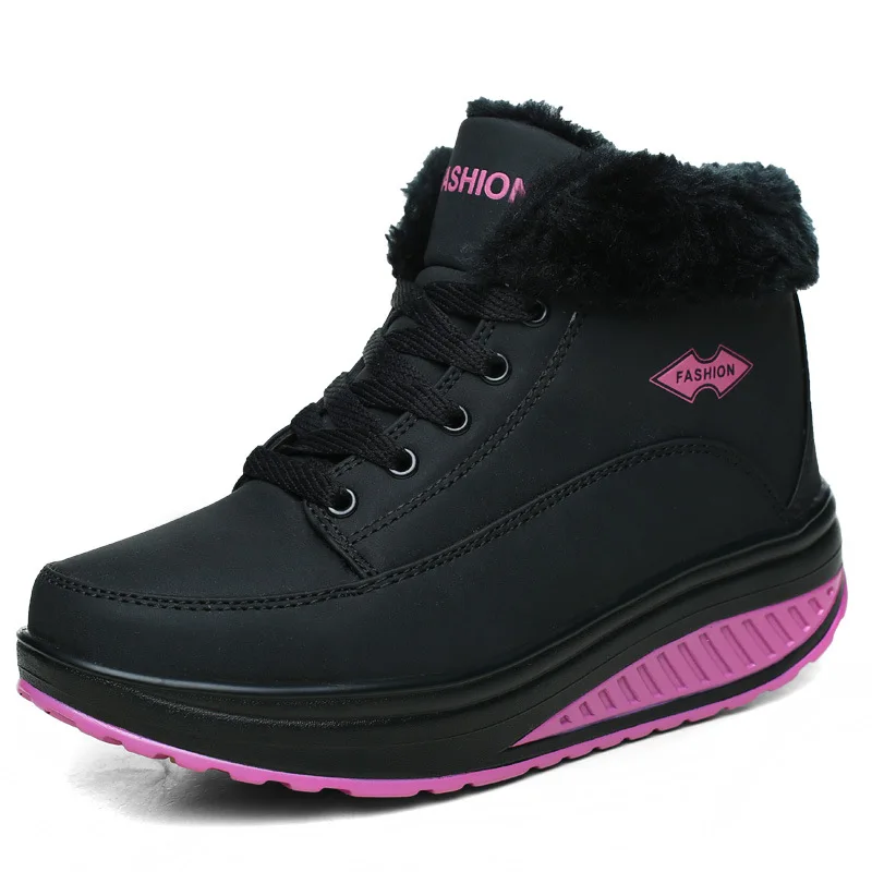PU Cotton Shoes Woman Winter Boots Women Fur Plush Platform Sneakers Wedges Lace-up botas mujer Casual Warm Women Shoes WSH3420