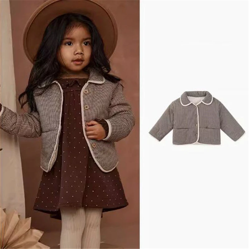 EnkeliBB Baby Girls Plaid Coat For Winter Keep Warm Toddler Jackets Peter Pan Collar Lovely  Kids Winter Tops With Buttons