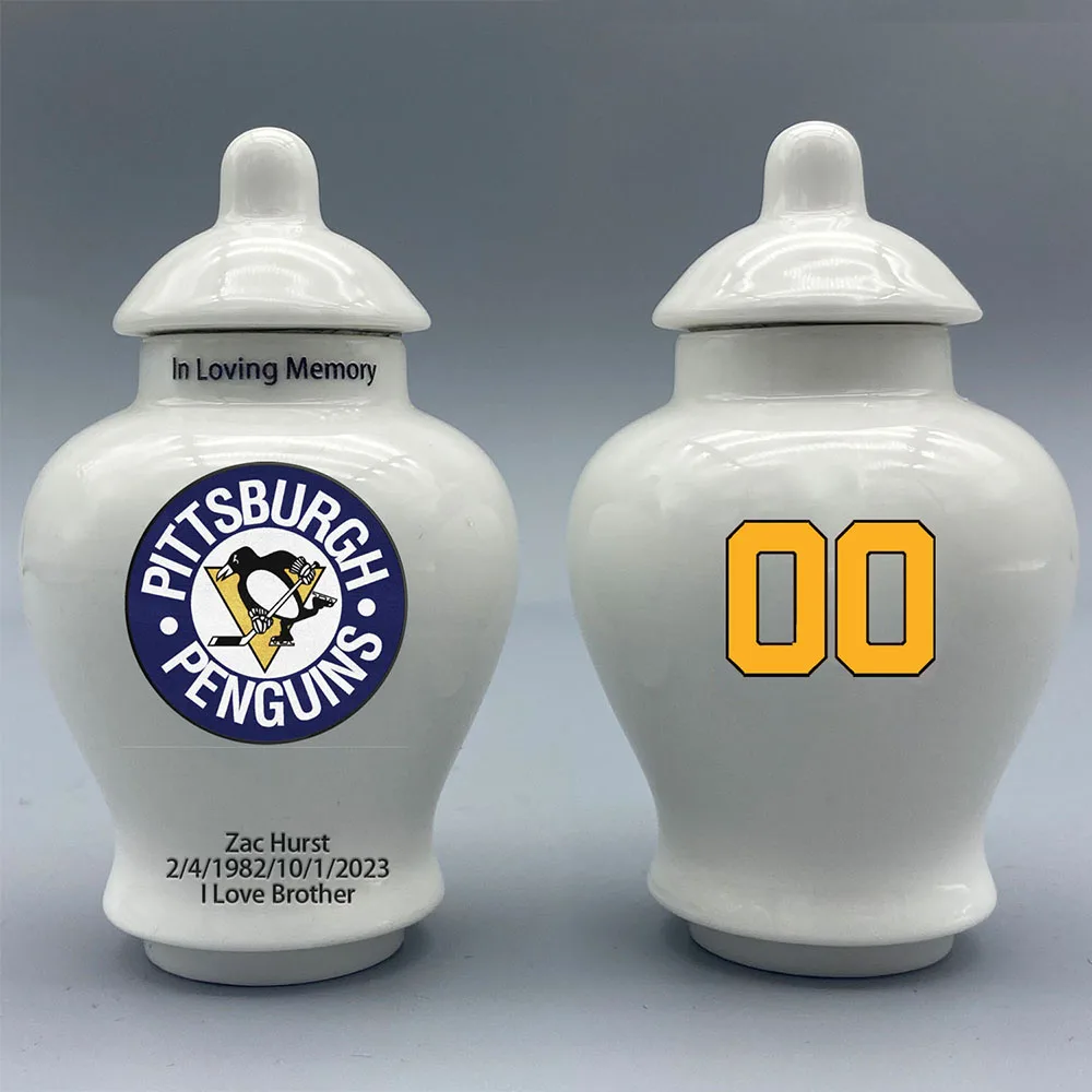 

Mini Urn for Pittsburgh Penguins-Hockey Urn.Please send me the customization information- name/date and number on the urn