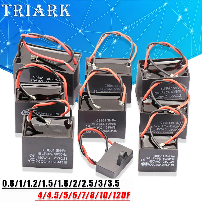 1PCS CBB61 450V Start Capacitor 0.8 1 1.5 1.8 2 2.5 3 4 5 6 7 8 10 12 15 18 20UF Fan Ceiling Exhaust Motor Run Capacitor CBB61