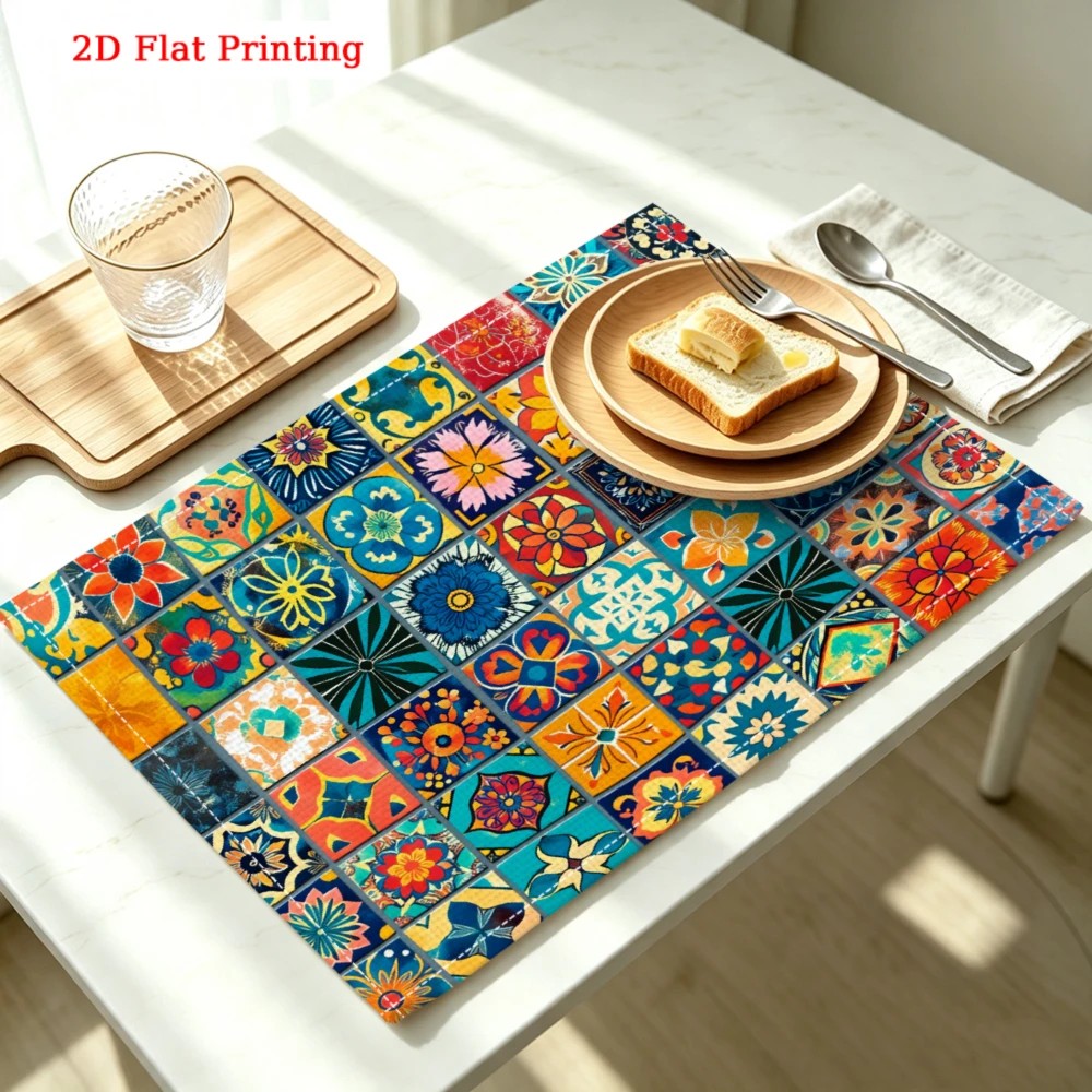 Colorful Floral Tiles Kitchen Placemat Colorful Floral Tiles Linen Pad Dish Coffee Cup Table Mat 1PC 30x40cm