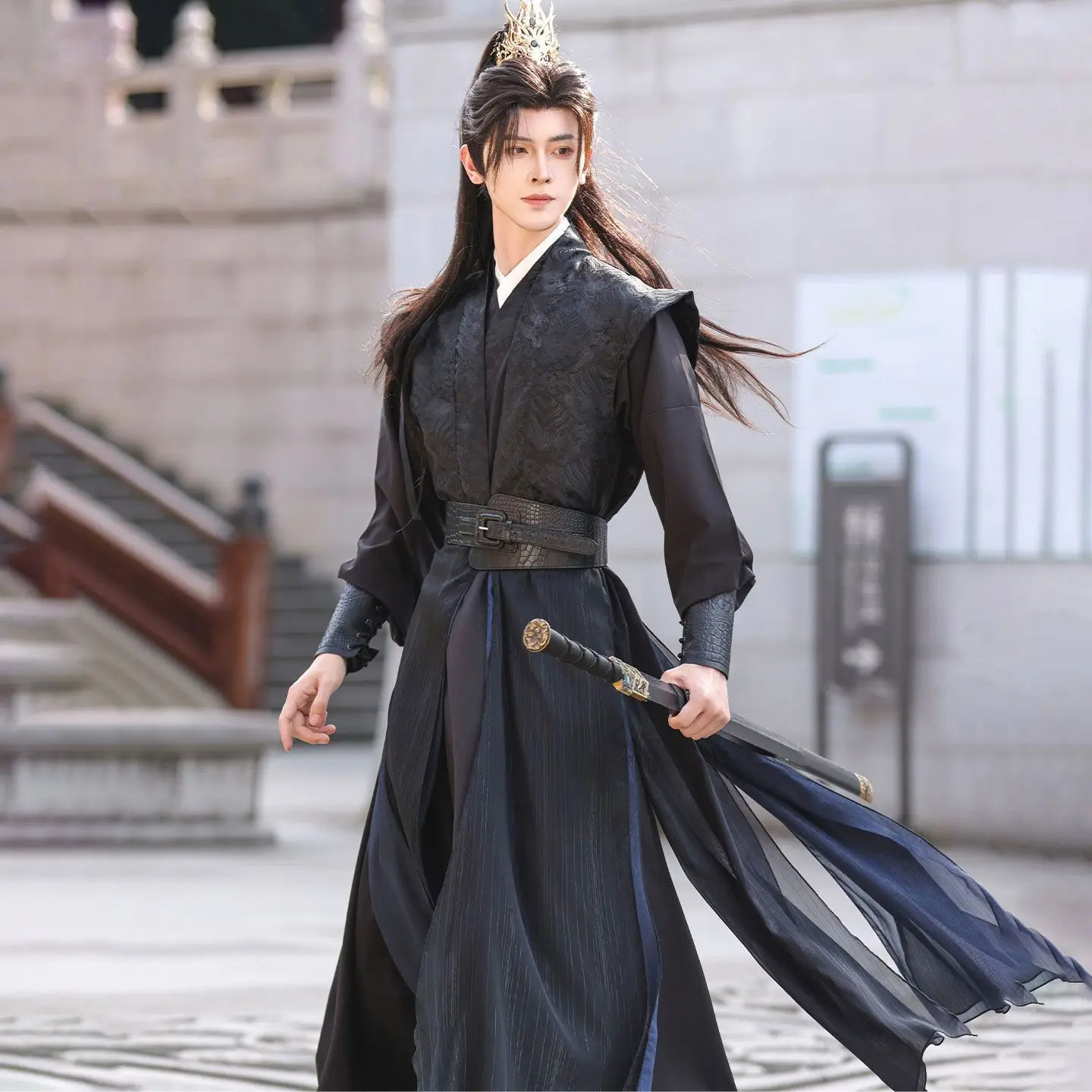

Yourqipao Chinese Traditional Hanfu Man Ancient Swordsman Halloween Cosplay Costume Black Stage Performance Ethnic Hanfu Outfit