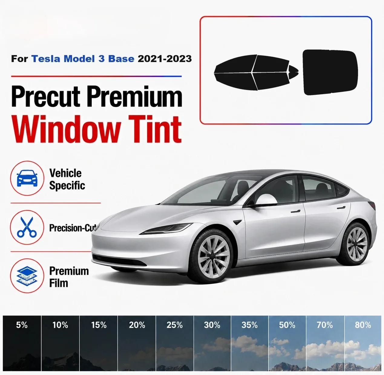 Premium Precut Window Tint Kit Front Rear Windows Rear Windshield For Tesla Model 3 Base 2021-2023 Car Solar Nano Ceramic Film