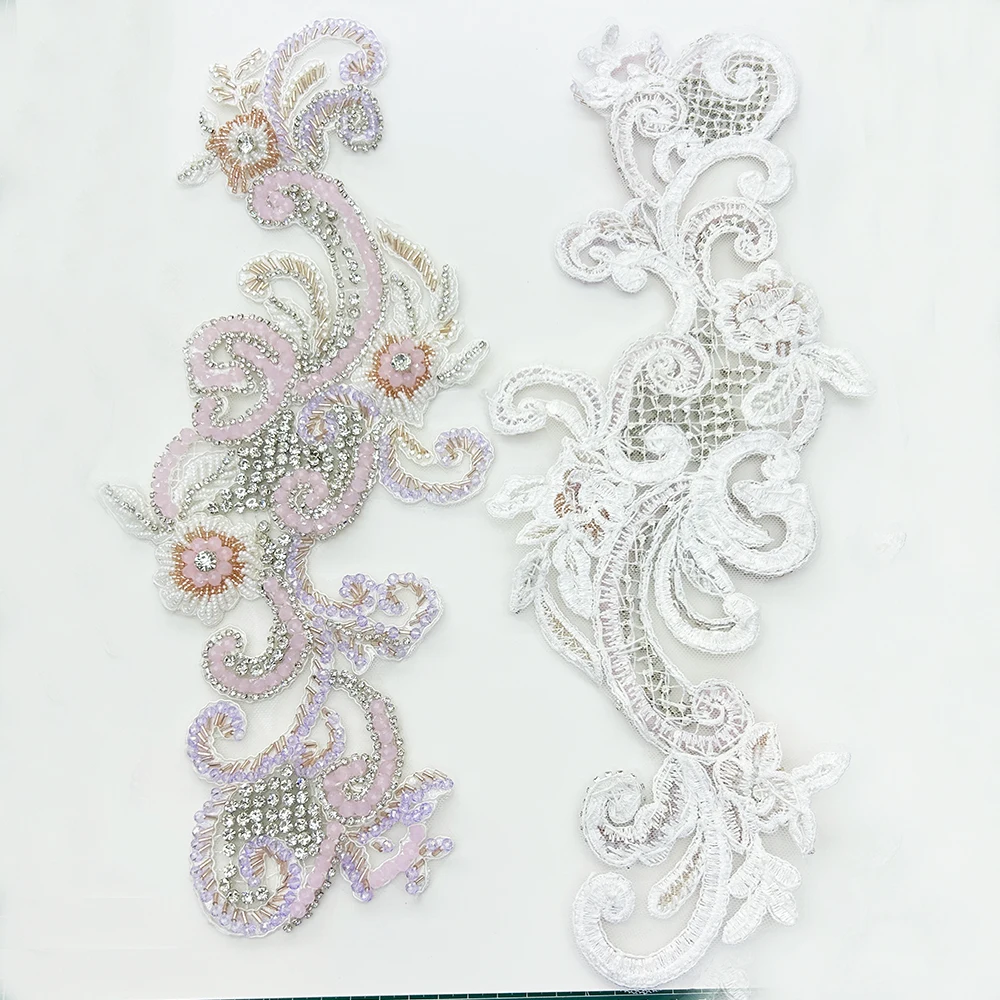 Hand Sew Rhinestone Beaded Lace Applique 1 Pair, Single Piece 37×15.5cm, Wedding Dress Cheongsam Evening Gown Decor Patch