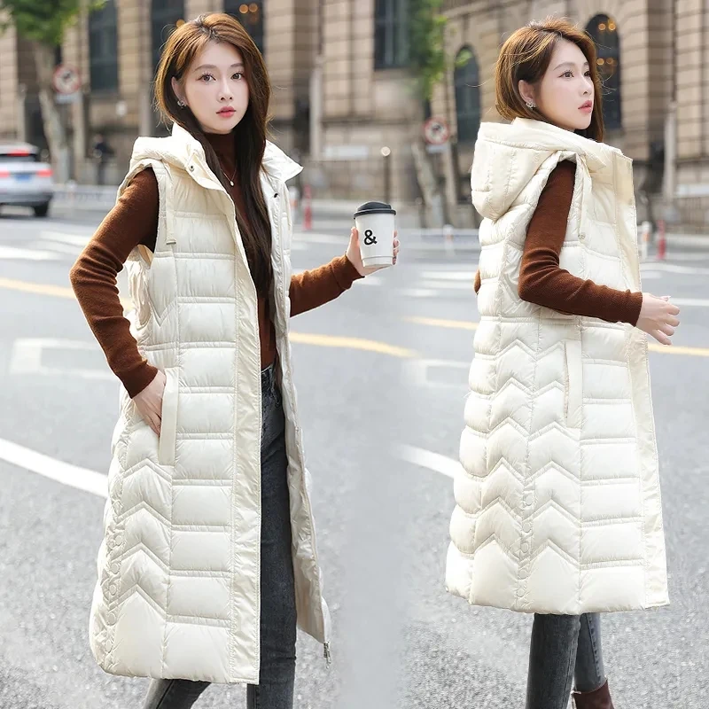 2024 New Korean Vests Sleeveless Coat Women Autumn Winter Hooded Cotton Waistcoat Puffer Parkas Long Warm Down Cotton Outwear