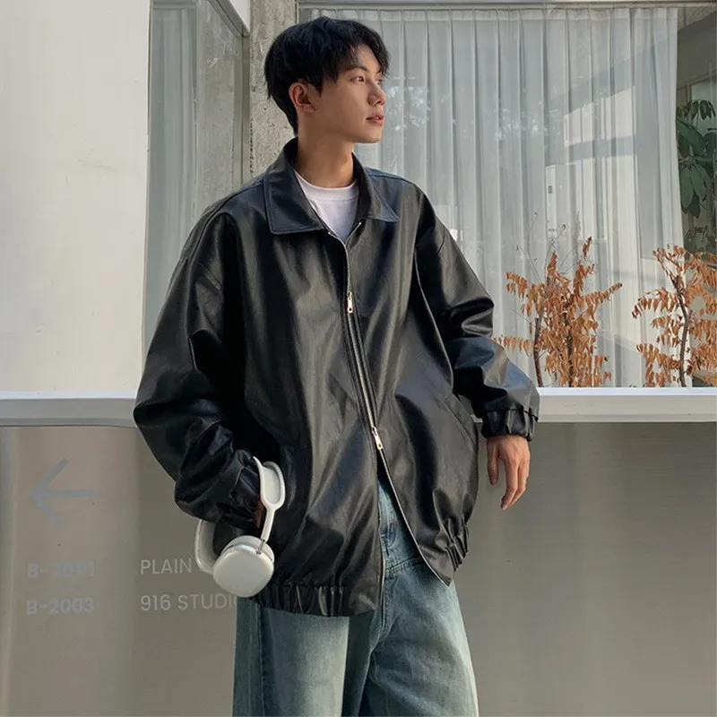 New Men's Casual Texture PU Leather Jacket High Street Zipper Turn-down Collar Solid Color Long Sleeve Retro Coat Autumn M-3XL