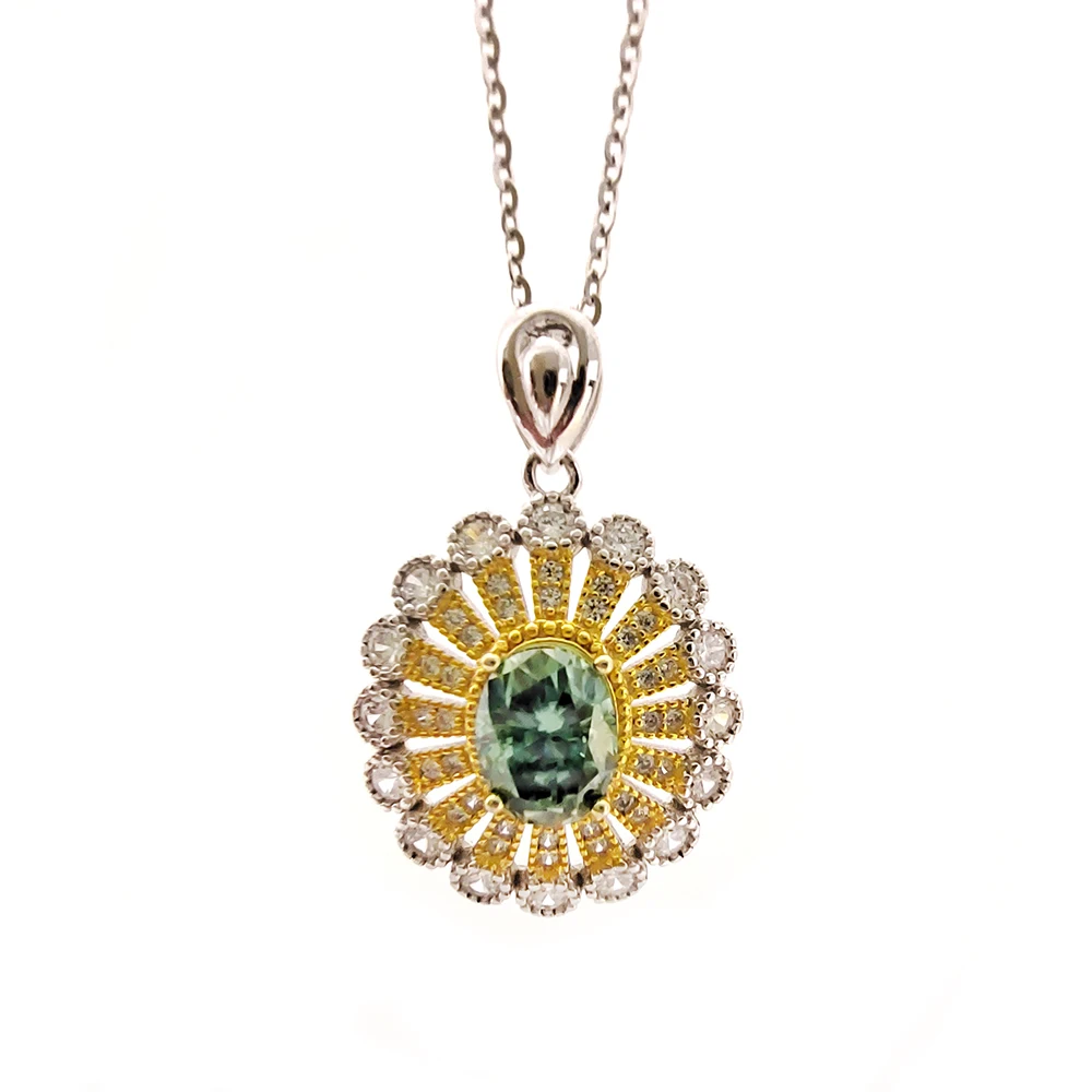 

Luomansi Chrysanthemum Pendant Necklace 2CT Egg shaped Teal Moissanite Passes Diamond Test S925 Silver Girl Jewelry Gift