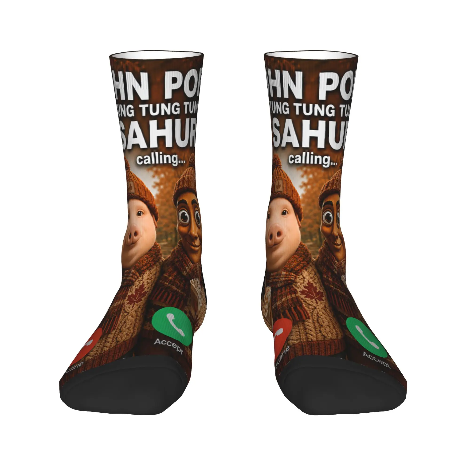 John Pork Tung Tung Tung Sahur Calling Fall Meme Brainrot Socks Retro Stockings Autumn Non-Slip Men Socks Graphic Climbing Socks