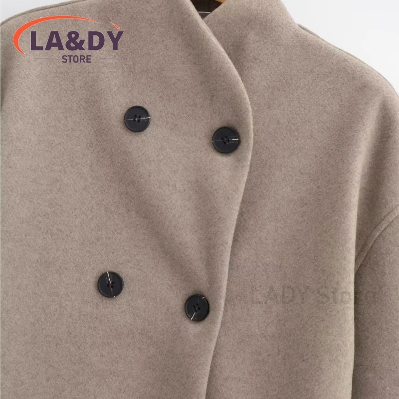 2024 Women Fashion Loose Stand Collar Double Breasted Woolen Coat Female Solid Color Casual Long Sleeve Outerwear