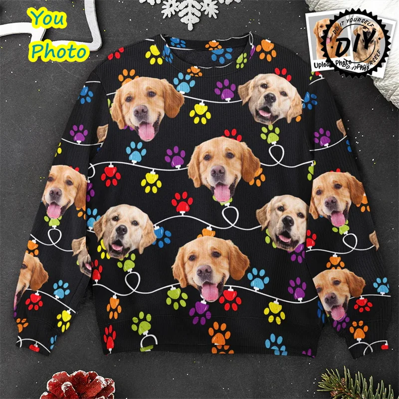 Pull de Noël personnalisé avec photo d'animal de compagnie, pulls personnalisés, graphique PVD, visage personnalisé, cadeaux pour la famille, photos en l'air, Kawaii