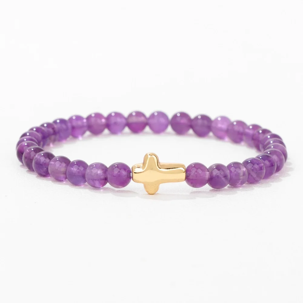 

6mm Amethysts Bracelet Gold Color Jesus Cross Natural Stone Tiger Eye Opal African Turquoises Elastic Bracelets For Women Men