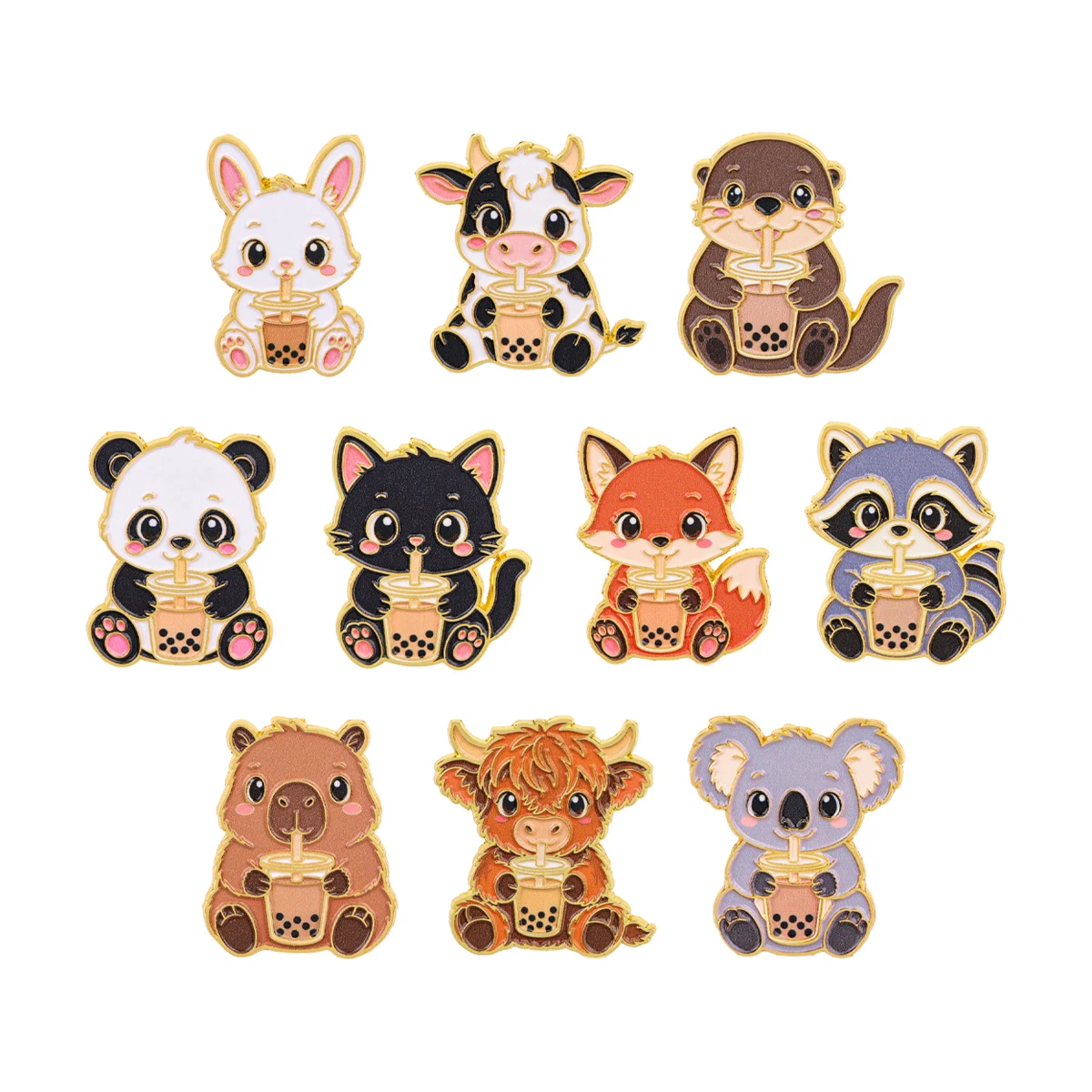 Kawaii Tea Animal Enamel Brooches Cow Panda Raccoon Otter Black Cat Lapel Pins Cute Pet Badges for Backpack Clothes