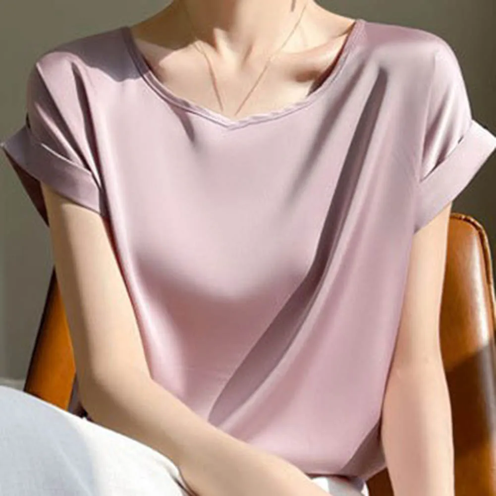 Women Summer Short Sleeve O Neck Satin Blouse Loose Casual Office Top for Daily Wear T Shirt with Solid Color Design