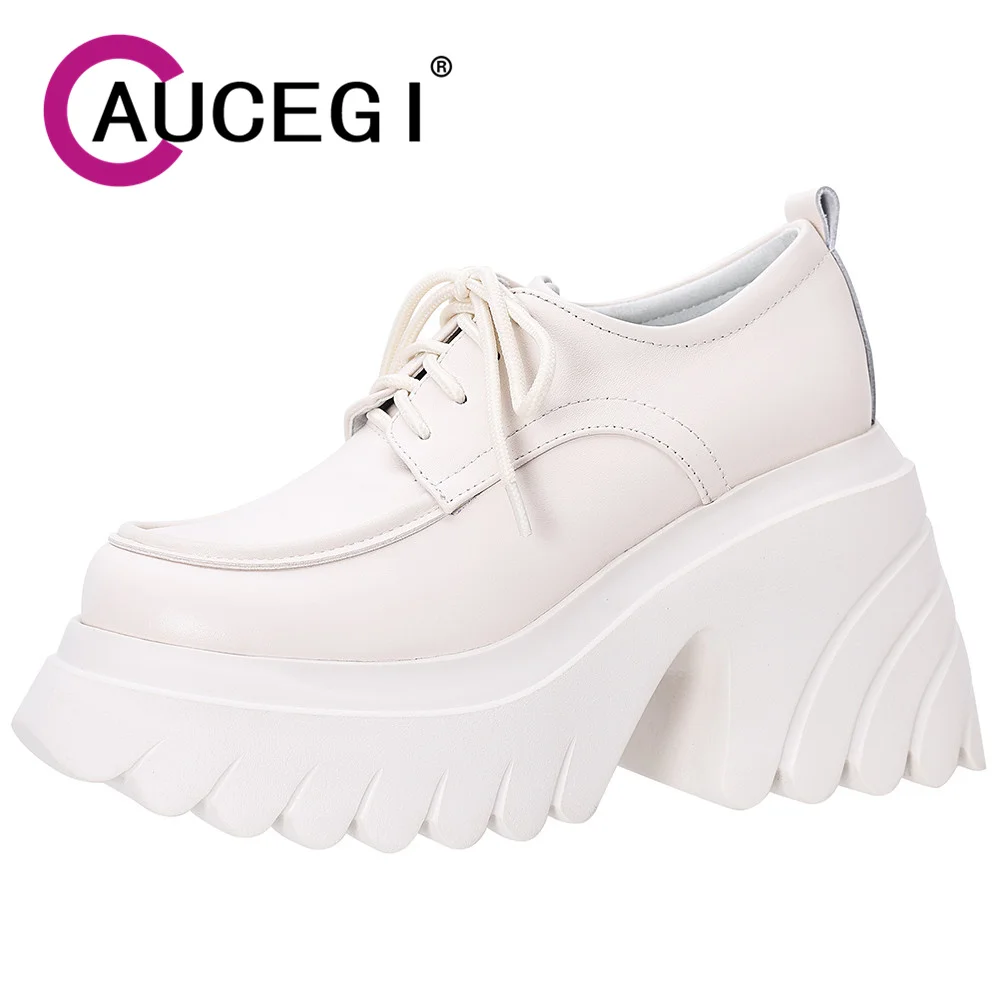 

Aucegi Leisure Spring Autumn Wedges High Heels Pumps Women Platform Genuine Leather Cross Tied Commuter Casual Handmade Shoes