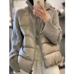 Winter Knitted Spliced Half High Collar Cotton Coat Women's Style Commuter Sewn Zipper Straight Tube Thick Knitted Sweater Coat