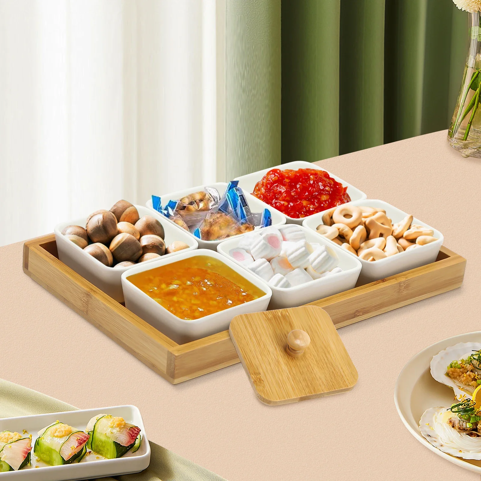 مجموعة صينية تقديم مكونة من 6 قطع - أغطية من الخيزران ومنصات وأوعية مقصورة قابلة للإزالة