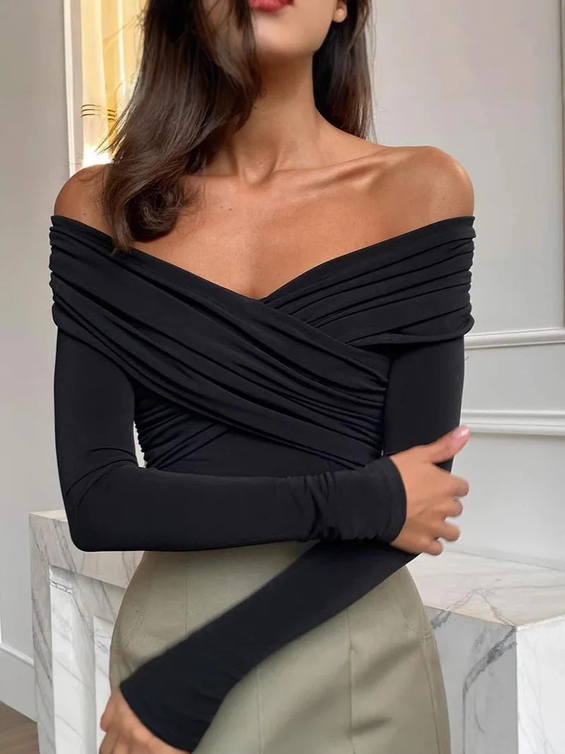 Frauen Weg Schulter Shirts Kurze Shirts Mode Vorne Kreuz Langarm Slim Fit Tops Damen Kleidung Clubwear Weibliche Streetwear