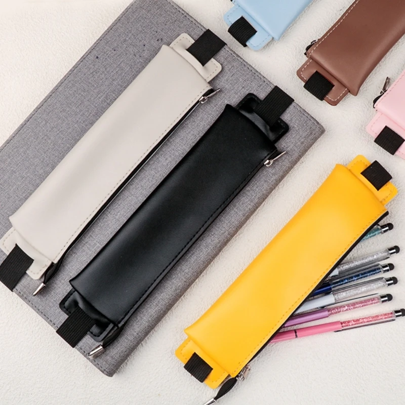 Adjustable Elastic Bands Pen Holder for Notebook, Colorful PU Leather Pen Case Zippered Pen Sleeve for Journal Planner