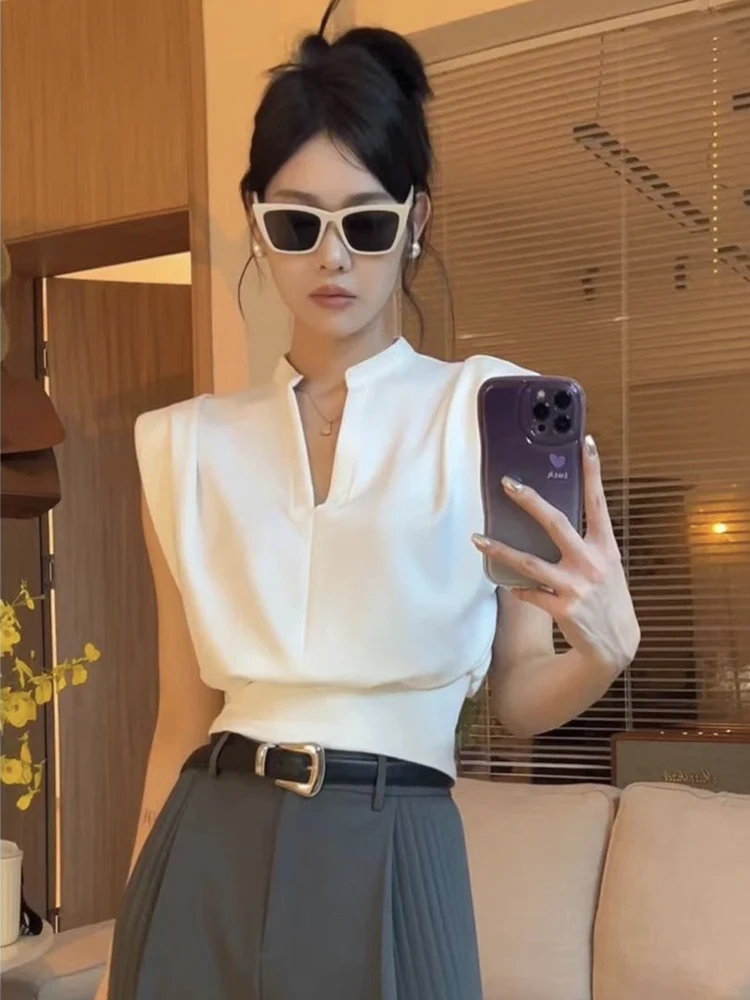 Retro Stand Collar Short Sleeve Shirt Women's Fashion Korean Style V Neck Slim Fit Top Brand Quality Summer Clothing