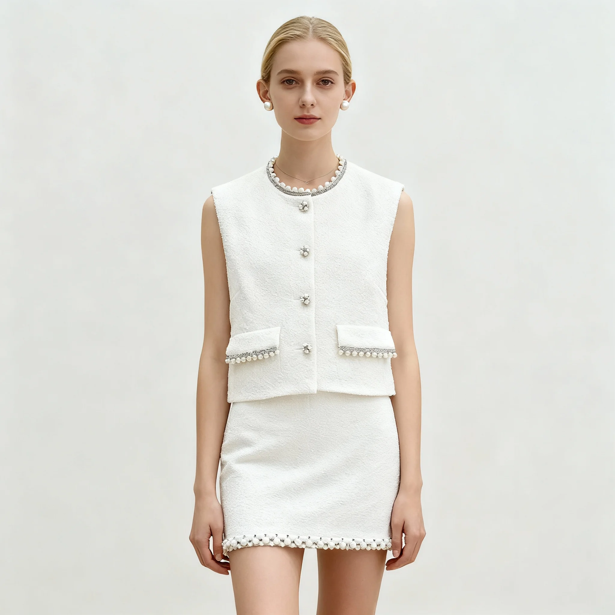 

【Gift Free】2026 Early Spring French Niche Pearl-Trim Round Neck Tweed Vest & Skirt Waist-Exposed Dress for Women