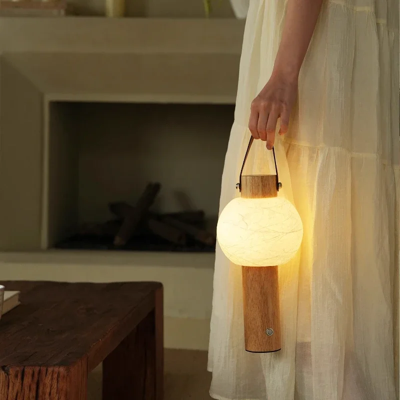 

Bedside lamp bedroom, portable table lamp, log cream wind, decorative ambient light, sleep charging touch, camping night light