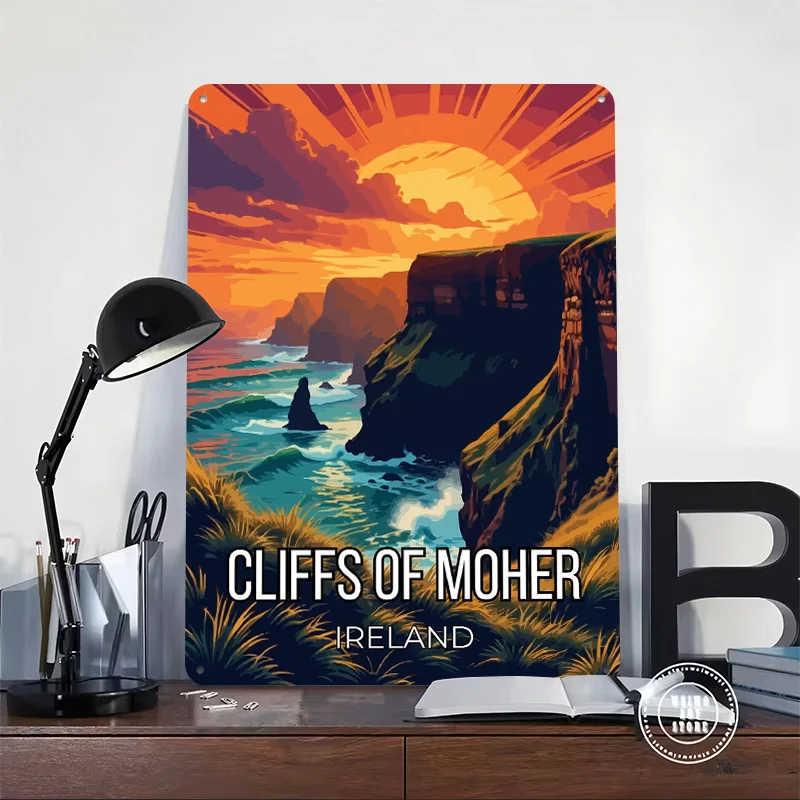 Ireland Moher Golden Horizon 3D Printed Texture Poster Personalized Wall Art Retro Metal Tin Signs for Bedroom Decoration Room