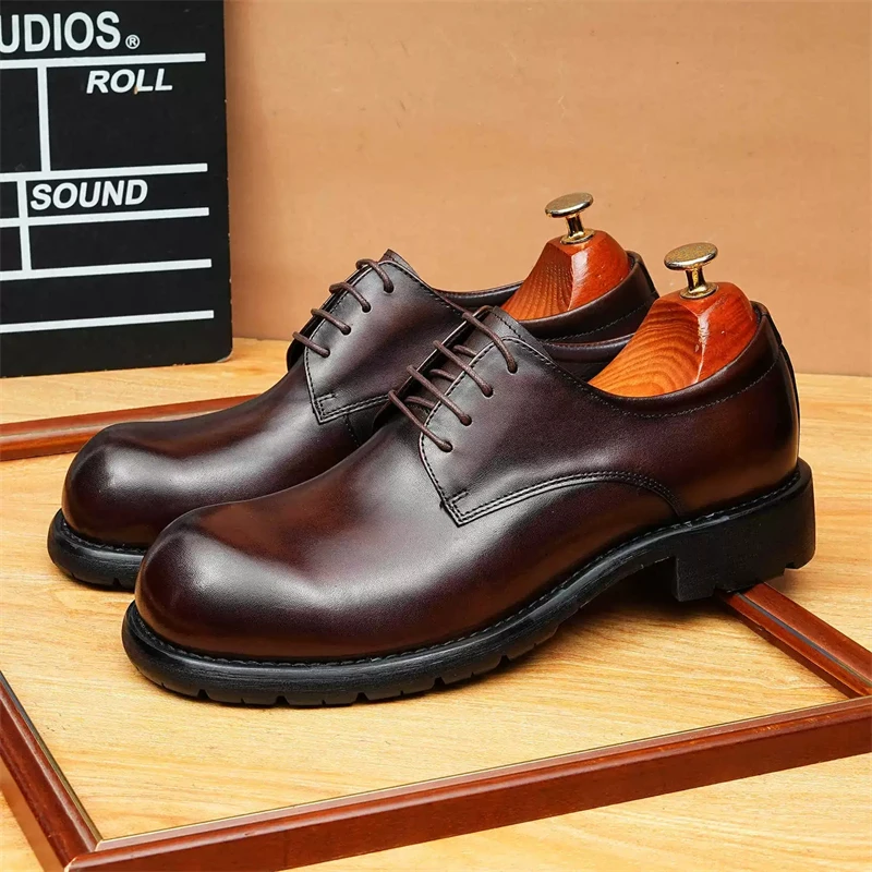 

Big Head Leather Dress Shoes Men's Cow Leather Lace Up Formal Dress Brogue Round Toe Daily Business Wedding Footwear Handmade