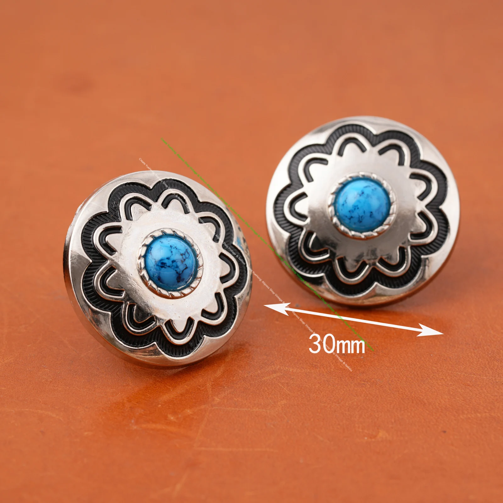 10PC 30MM Blue Turquoise Flower Western Horst HeadStall Saddles Bridle Tack Silver decoration Screwback
