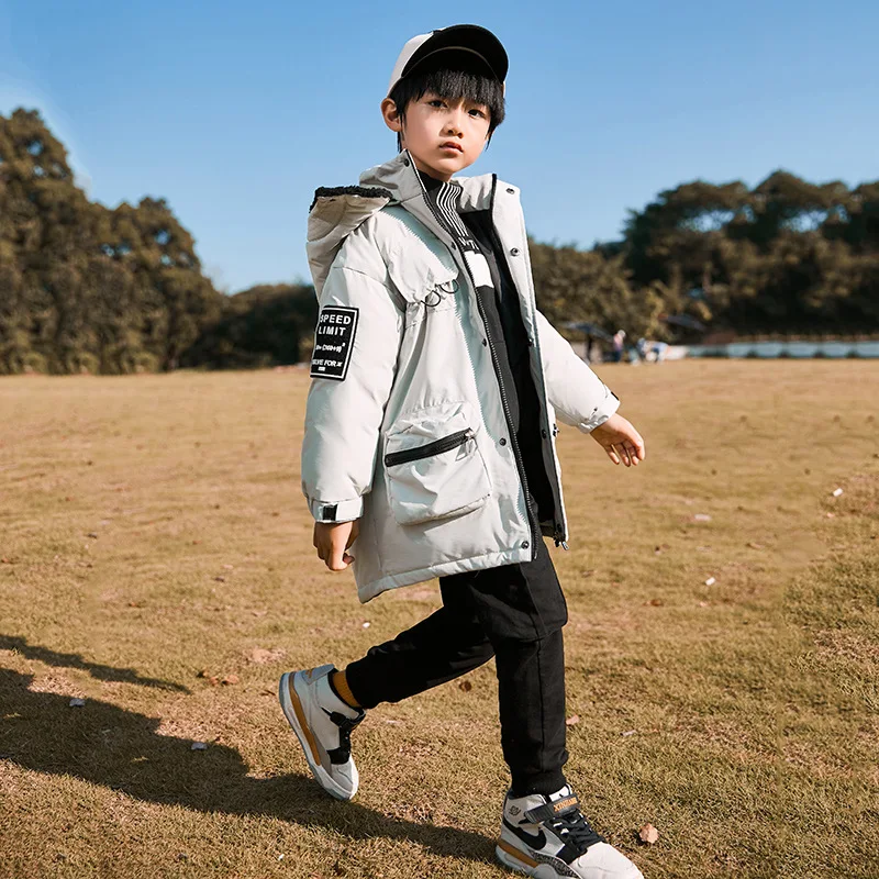 

Boys Kids Long Loose Thick White Duck Down Jacket Black,Blue,Yellow Baby Coat, Children Hooded Padded Jacket Clothes Winter