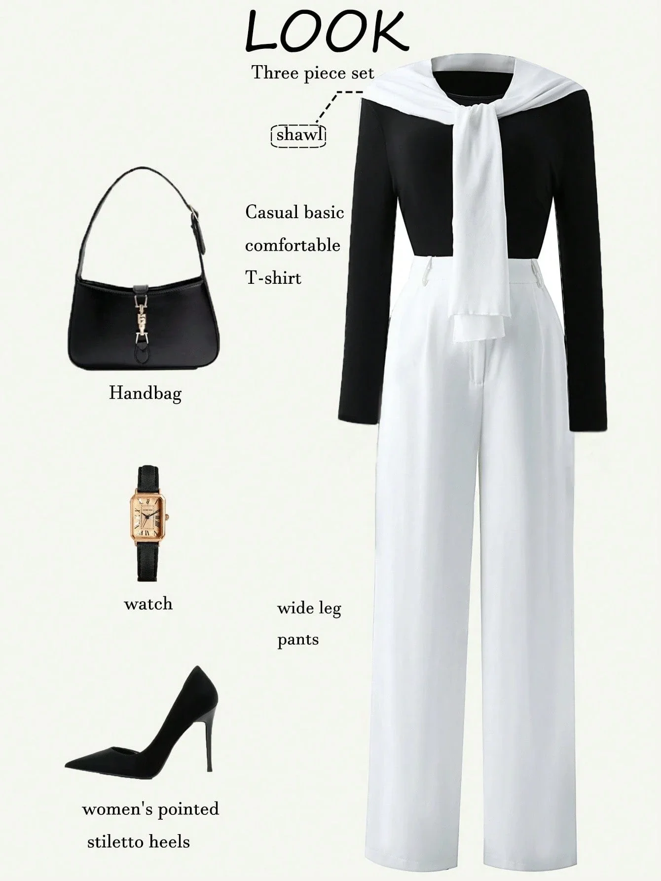 

Color Block Black White 2 Piece Set Women Slim Fit Blouse And Wide Leg Pants