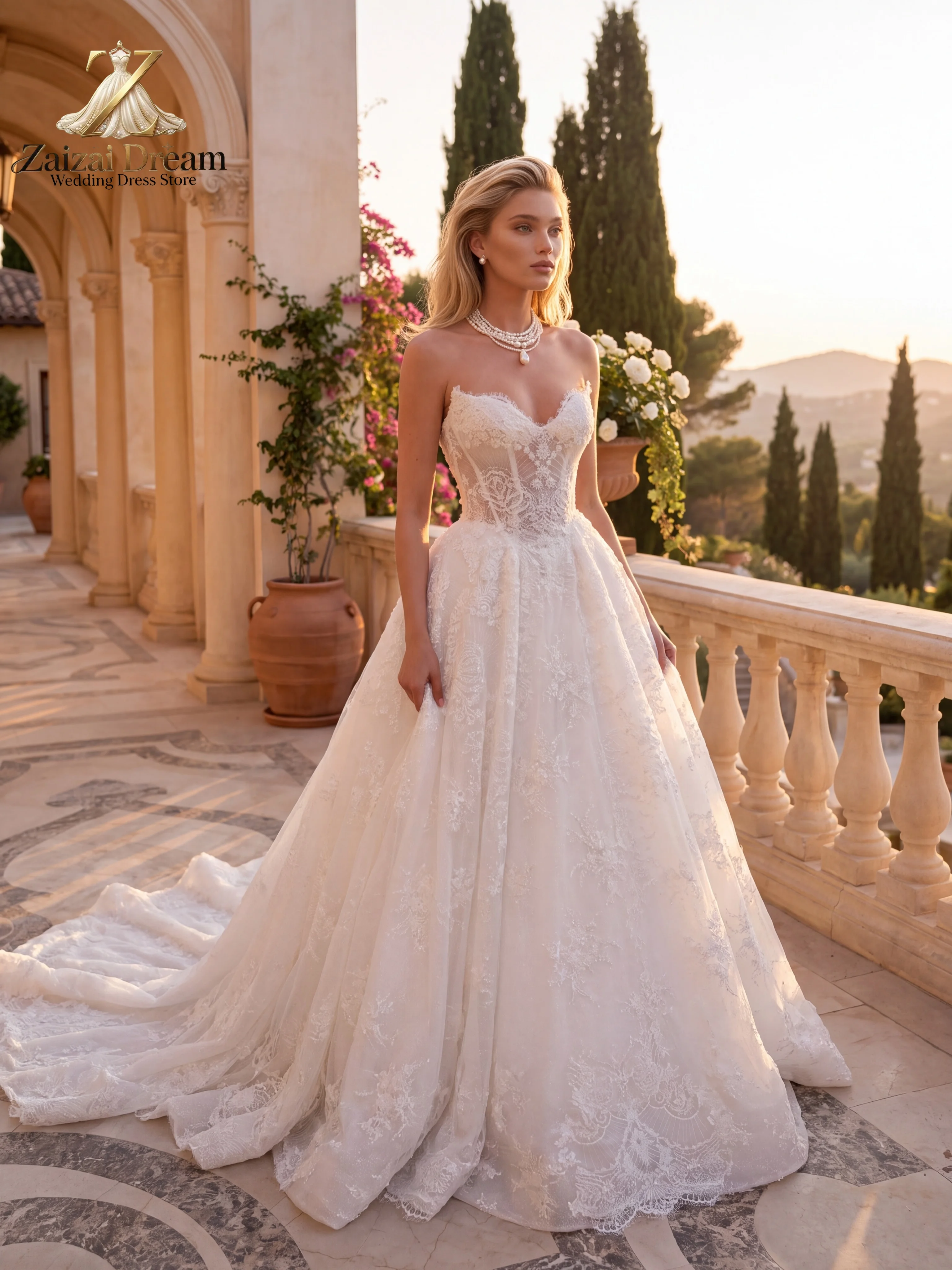 Customized Elegant Strapless Wedding Dress Lace Sweetheart A Line Bridal Gown Princess Wedding Dress with Train Vestido De Novia